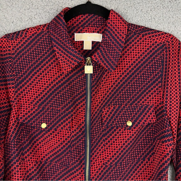 Michael Michael Kors Top Small Navy Red Womens Polka Dot Geometric Print Blouse - Picture 6 of 12
